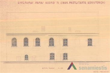 Konsistorijos fasado brėžinys, braižė arch. V. Parčiauskas. Iš KTU ASI archyvo, Br-92